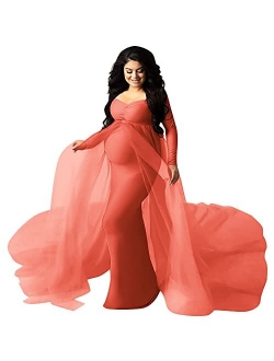 Iwemek Women Off Shoulder Long Sleeve Maternity Dress Tulle Elegant Slim Fit Gown Baby Shower Photography Maxi Dress for Photo Shoot