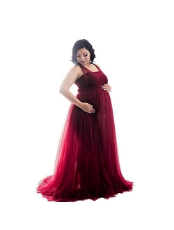 Iwemek Women Off Shoulder Long Sleeve Maternity Dress Tulle Elegant Slim Fit Gown Baby Shower Photography Maxi Dress for Photo Shoot