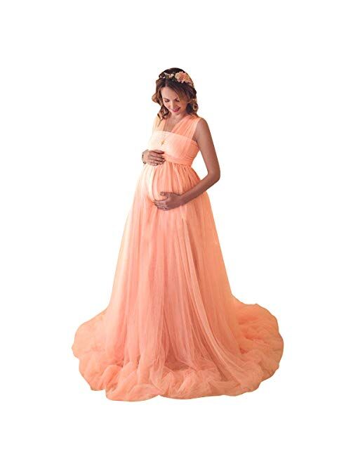 Iwemek Women Off Shoulder Long Sleeve Maternity Dress Tulle Elegant Slim Fit Gown Baby Shower Photography Maxi Dress for Photo Shoot