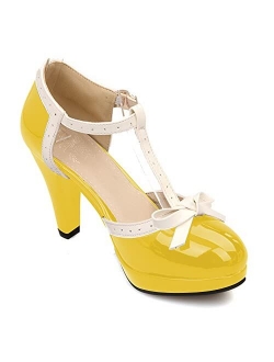 ForeMode Fashion Women T-Strap High Heels Bow Platform Round Toe Pumps Leather Summer Sweet Shoes