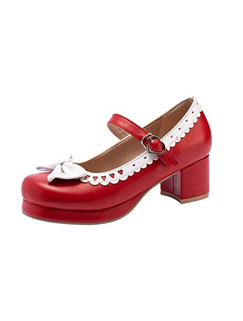 ForeMode Fashion Women T-Strap High Heels Bow Platform Round Toe Pumps Leather Summer Sweet Shoes