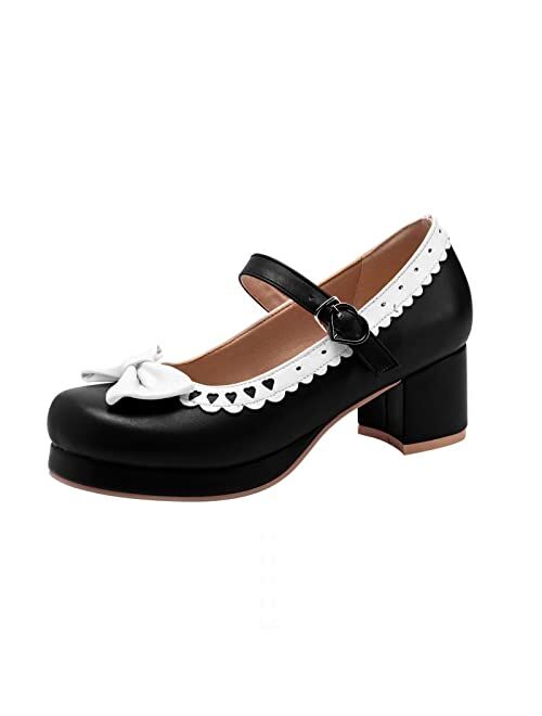 ForeMode Fashion Women T-Strap High Heels Bow Platform Round Toe Pumps Leather Summer Sweet Shoes