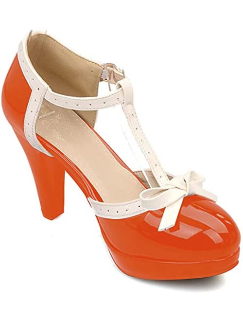 ForeMode Fashion Women T-Strap High Heels Bow Platform Round Toe Pumps Leather Summer Sweet Shoes