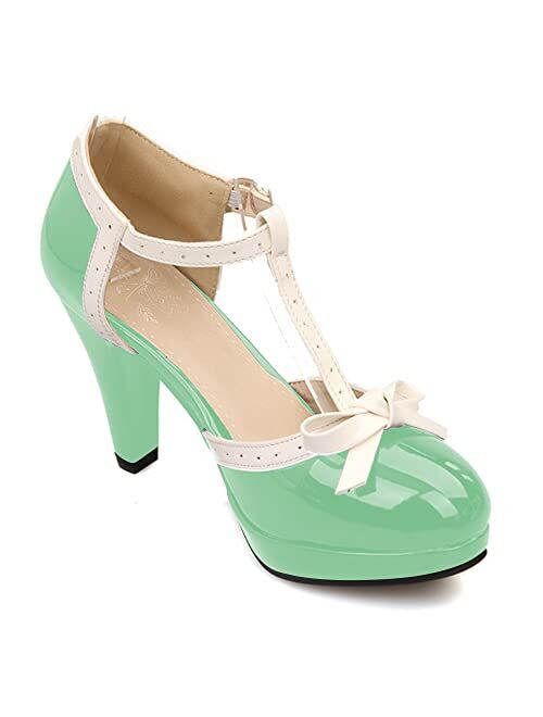 ForeMode Fashion Women T-Strap High Heels Bow Platform Round Toe Pumps Leather Summer Sweet Shoes