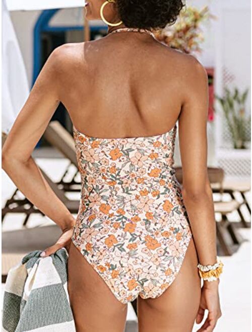 CUPSHE One Piece Swimsuit for Women Bathing Suit Floral Backless Halter Removable Spaghetti Straps