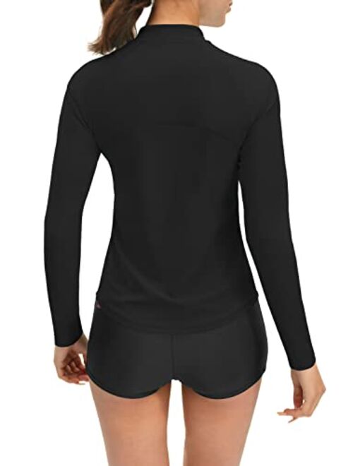 JOYSPELS Women's Rash Guard Long Sleeve Zip Front Sun Protection Swim Shirt UPF 50+