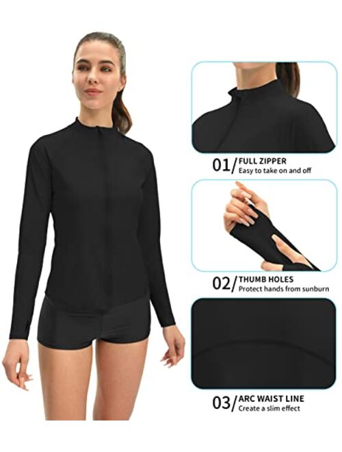 JOYSPELS Women's Rash Guard Long Sleeve Zip Front Sun Protection Swim Shirt UPF 50+