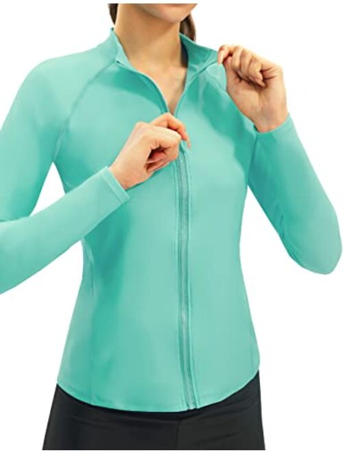 JOYSPELS Women's Rash Guard Long Sleeve Zip Front Sun Protection Swim Shirt UPF 50+