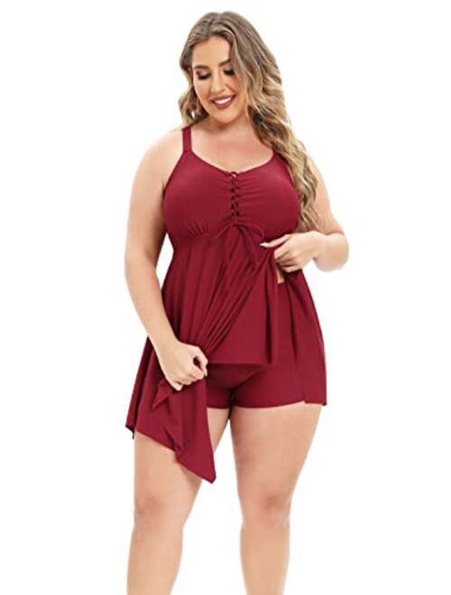 Xcutting Women's Two Piece Plus Size Swimsuits with Boyshorts Tummy Control Tankini Swimdress Bathing Suit with Skirted