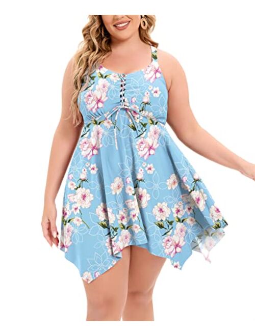 Xcutting Women's Two Piece Plus Size Swimsuits with Boyshorts Tummy Control Tankini Swimdress Bathing Suit with Skirted