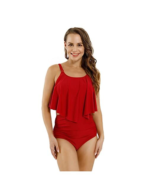 Awfesk Women Tankini Breastfeeding Swimsuit Nursing High Waisted Ruffle Top Tummy Control Post-partum Swimwear