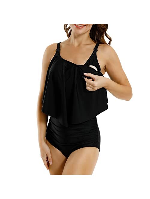 Awfesk Women Tankini Breastfeeding Swimsuit Nursing High Waisted Ruffle Top Tummy Control Post-partum Swimwear