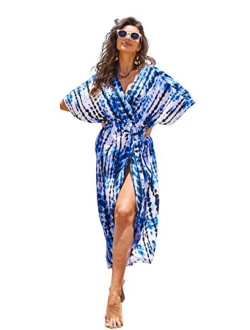 Hount Women's Swimsuit Beach Cover Up Tie Dye Open Front Long Kimono Bikini Beachwear Bathing Suit Coverups with Belt