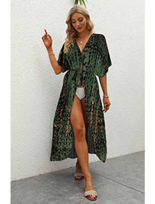 Hount Women's Swimsuit Beach Cover Up Tie Dye Open Front Long Kimono Bikini Beachwear Bathing Suit Coverups with Belt