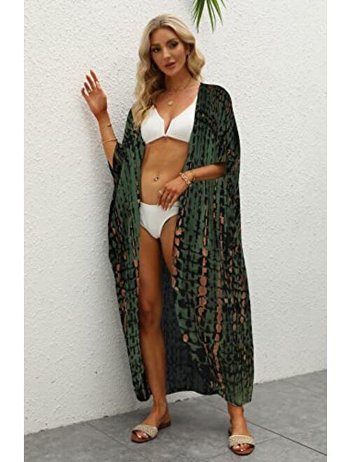 Hount Women's Swimsuit Beach Cover Up Tie Dye Open Front Long Kimono Bikini Beachwear Bathing Suit Coverups with Belt