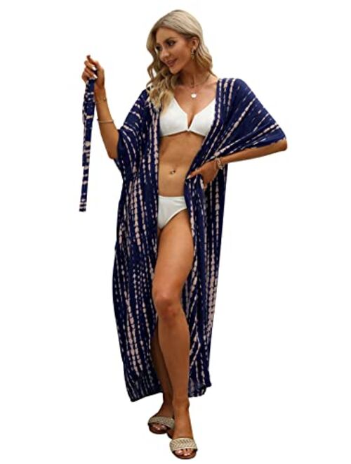 Hount Women's Swimsuit Beach Cover Up Tie Dye Open Front Long Kimono Bikini Beachwear Bathing Suit Coverups with Belt