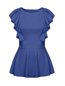 Vesnoyci Women's Elegant Sleeveless Crew Neck Ruffled Front Tops Long Sleeve Peplum Blouse S-3XL