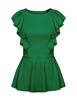 Vesnoyci Women's Elegant Sleeveless Crew Neck Ruffled Front Tops Long Sleeve Peplum Blouse S-3XL