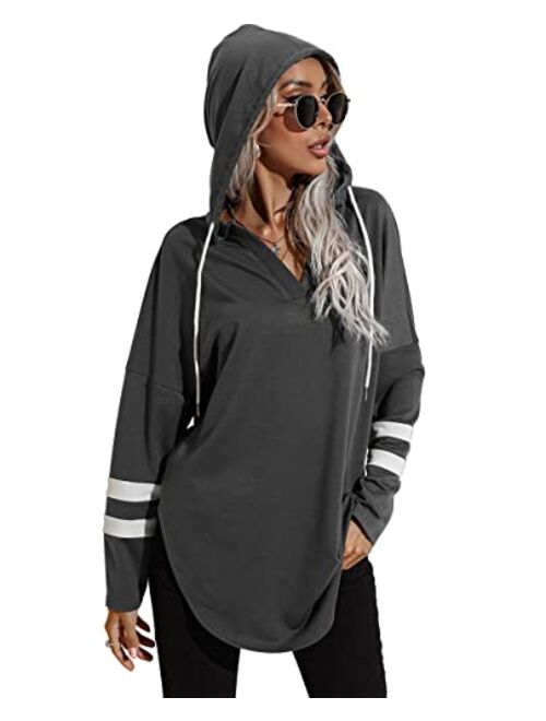 Vesnoyci Hoodies for Women Color Block Long Sleeve Sweatshirts Casual Loose Fit Active Pullover Tops