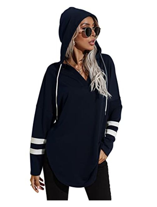 Vesnoyci Hoodies for Women Color Block Long Sleeve Sweatshirts Casual Loose Fit Active Pullover Tops