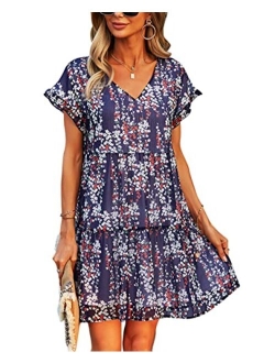 Vesnoyci Women's Boho Floral V Neck Ruffled Swing Dress for Party