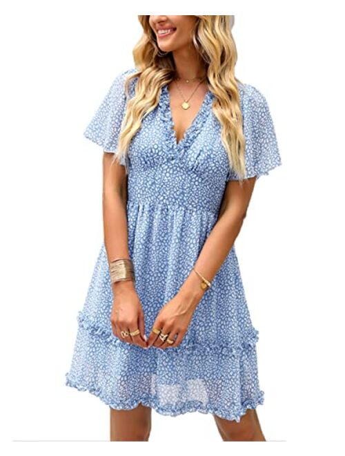 Vesnoyci Women's Boho Floral V Neck Ruffled Swing Dress for Party