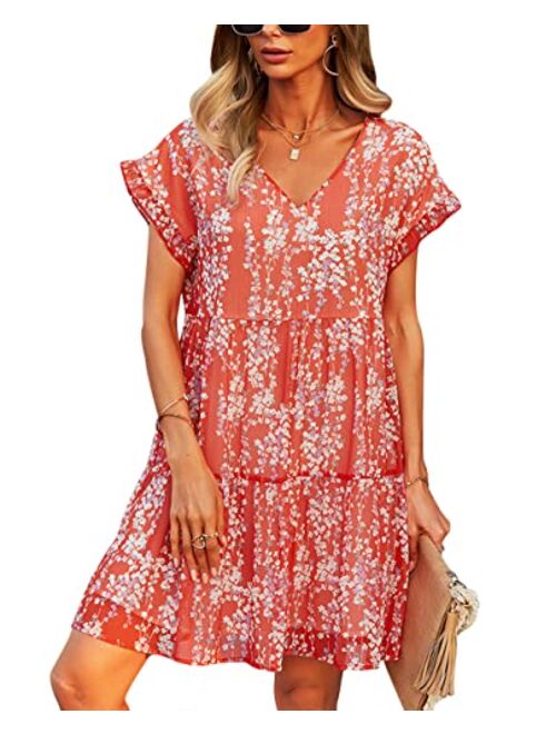 Vesnoyci Women's Boho Floral V Neck Ruffled Swing Dress for Party