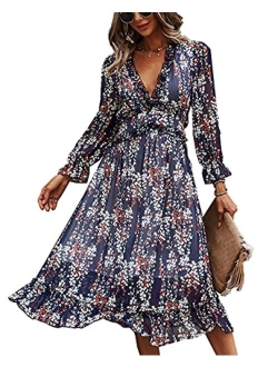 Vesnoyci Women's Sweet Floral Ruffled V Neck Elastic Waist Swing Midi Dress for Wedding Party Guest