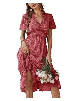 Vesnoyci Women's Sweet Floral Ruffled V Neck Elastic Waist Swing Midi Dress for Wedding Party Guest