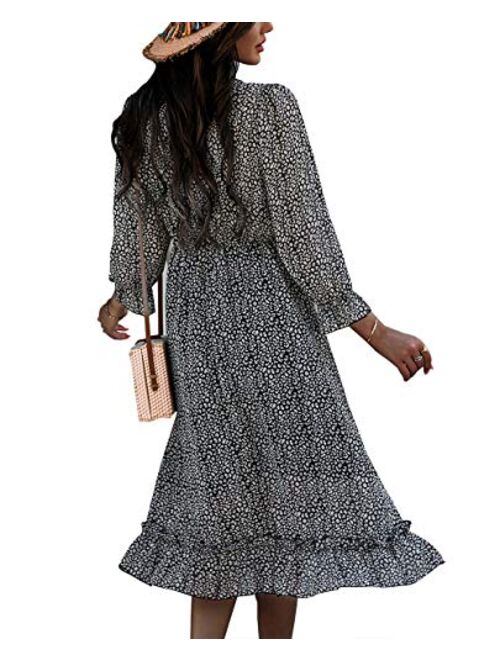 Vesnoyci Women's Sweet Floral Ruffled V Neck Elastic Waist Swing Midi Dress for Wedding Party Guest