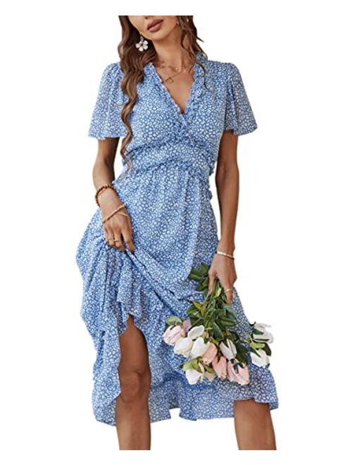 Vesnoyci Women's Sweet Floral Ruffled V Neck Elastic Waist Swing Midi Dress for Wedding Party Guest