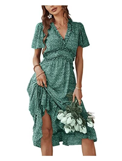 Vesnoyci Women's Sweet Floral Ruffled V Neck Elastic Waist Swing Midi Dress for Wedding Party Guest