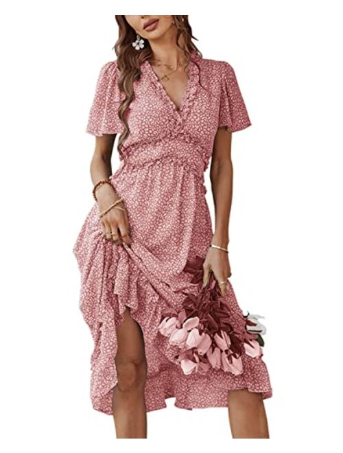 Vesnoyci Women's Sweet Floral Ruffled V Neck Elastic Waist Swing Midi Dress for Wedding Party Guest