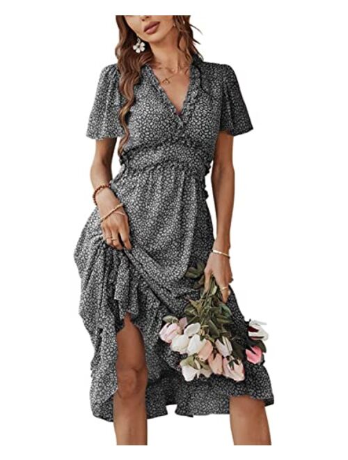 Vesnoyci Women's Sweet Floral Ruffled V Neck Elastic Waist Swing Midi Dress for Wedding Party Guest