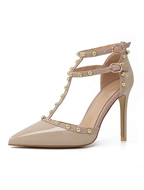 Comfity Womens Rivets Pointed Toe Pumps Golden Round Rivets Strappy Ankle T-Strap Stiletto Dress Wedding Sandals