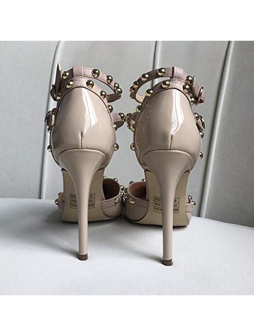 Comfity Womens Rivets Pointed Toe Pumps Golden Round Rivets Strappy Ankle T-Strap Stiletto Dress Wedding Sandals