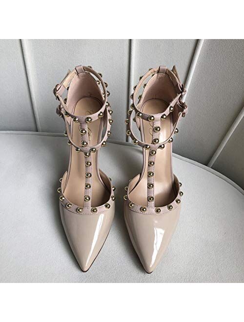 Comfity Womens Rivets Pointed Toe Pumps Golden Round Rivets Strappy Ankle T-Strap Stiletto Dress Wedding Sandals