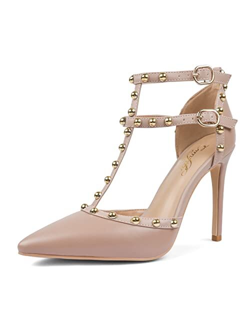 Comfity Womens Rivets Pointed Toe Pumps Golden Round Rivets Strappy Ankle T-Strap Stiletto Dress Wedding Sandals