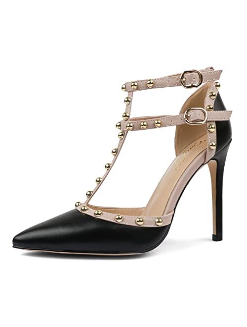 Comfity Womens Rivets Pointed Toe Pumps Golden Round Rivets Strappy Ankle T-Strap Stiletto Dress Wedding Sandals