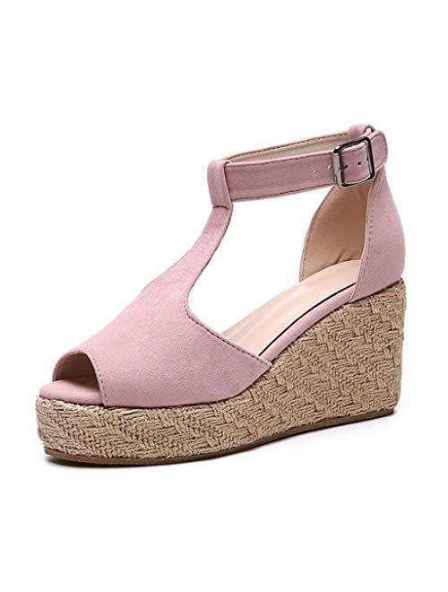 MIOKE Women's Espadrille Wedge Platform Sandals T-strap Peep Toe Ankle Strap Chunky High Heels Sandal