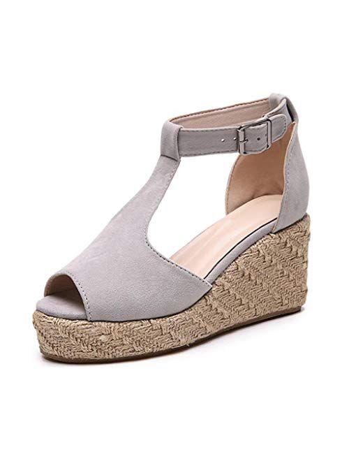 MIOKE Women's Espadrille Wedge Platform Sandals T-strap Peep Toe Ankle Strap Chunky High Heels Sandal