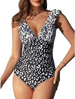 Summer Mae Women's Ruffled V-Neck One Piece Swimsuit Flounce Lace Up Monokini Tummy Control Bathing Suit