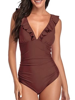 Summer Mae Women's Ruffled V-Neck One Piece Swimsuit Flounce Lace Up Monokini Tummy Control Bathing Suit