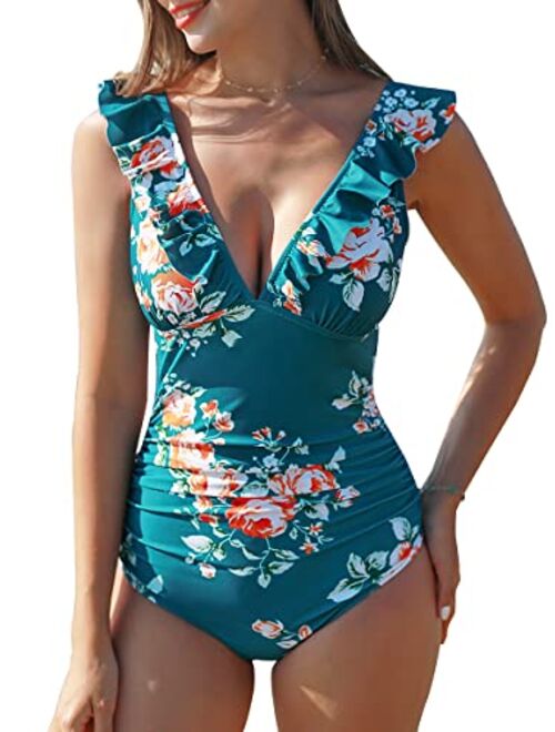 Summer Mae Women's Ruffled V-Neck One Piece Swimsuit Flounce Lace Up Monokini Tummy Control Bathing Suit