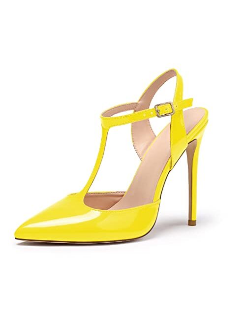 Mettesally Women's T-Strap Stiletto Heels Heeled Sandals Pointed Toe Pumps Party Daily Summer Dress Shoes