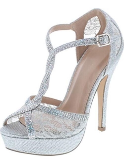 Static Footwear Hy-5 Formal Evening Party Lace Ankle T-Strap Peep Toe Stiletto High Heel Pumps