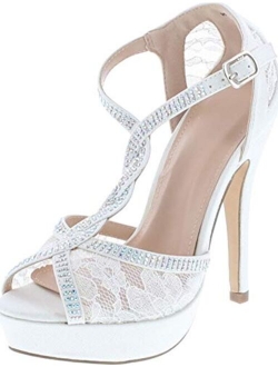 Static Footwear Hy-5 Formal Evening Party Lace Ankle T-Strap Peep Toe Stiletto High Heel Pumps