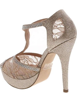 Static Footwear Hy-5 Formal Evening Party Lace Ankle T-Strap Peep Toe Stiletto High Heel Pumps