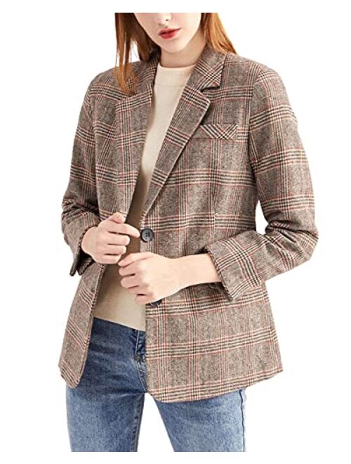 ebossy Women's Notch Lapel 2 Button Boyfriend Blazer Suit Houndstooth Plaid Jacket Coat