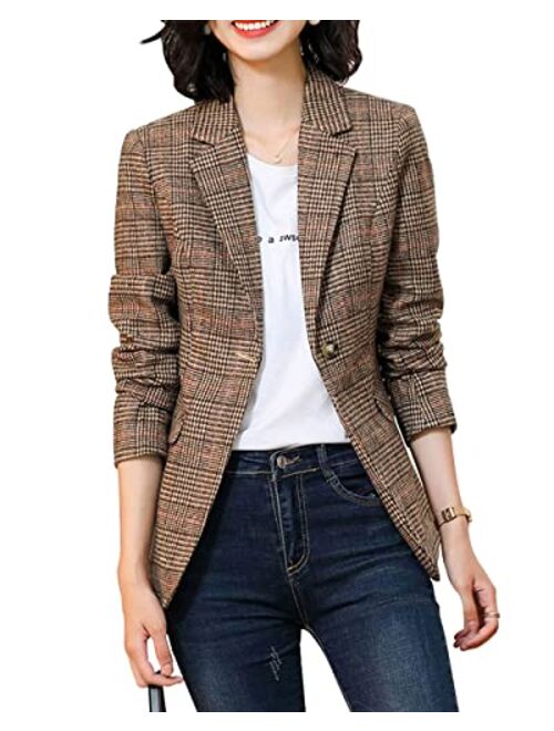 ebossy Women's Notch Lapel 2 Button Boyfriend Blazer Suit Houndstooth Plaid Jacket Coat